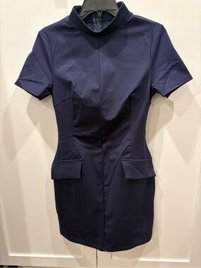 Navy Short-Sleeve Structured Sheath Dress